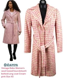 Vintage Bebe Women's wool  tweed houndstooth belted Long coat Cream pink Size XS